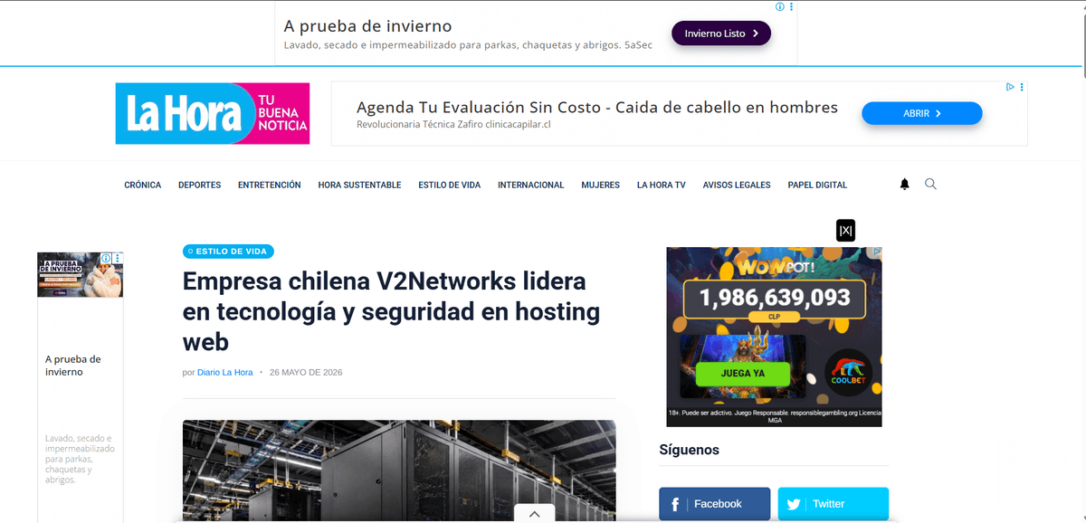 Nota de prensa de V2Networks en La Hora